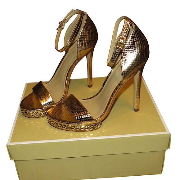Michael Kors Jordyn Gold Leather Ankle Strap Chain Detail Platform Heels Size 6 - Picture 1 of 7